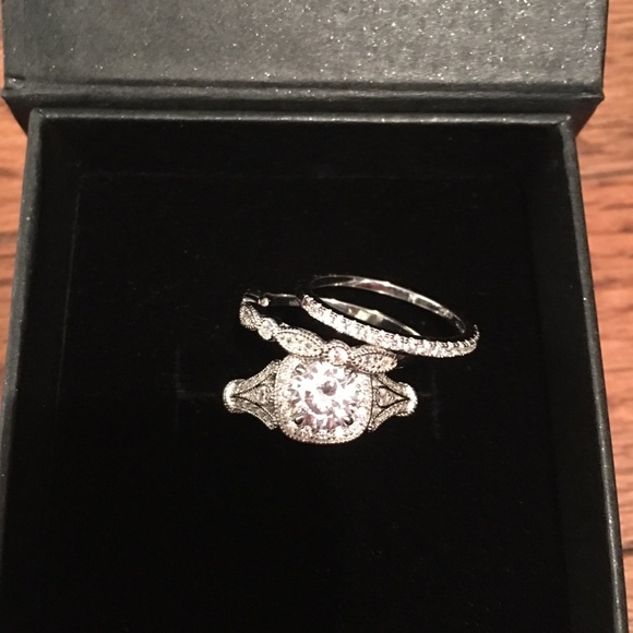 3pcs 925 Silver Engagement Ring Wedding Bands Set - Picture 1 of 7